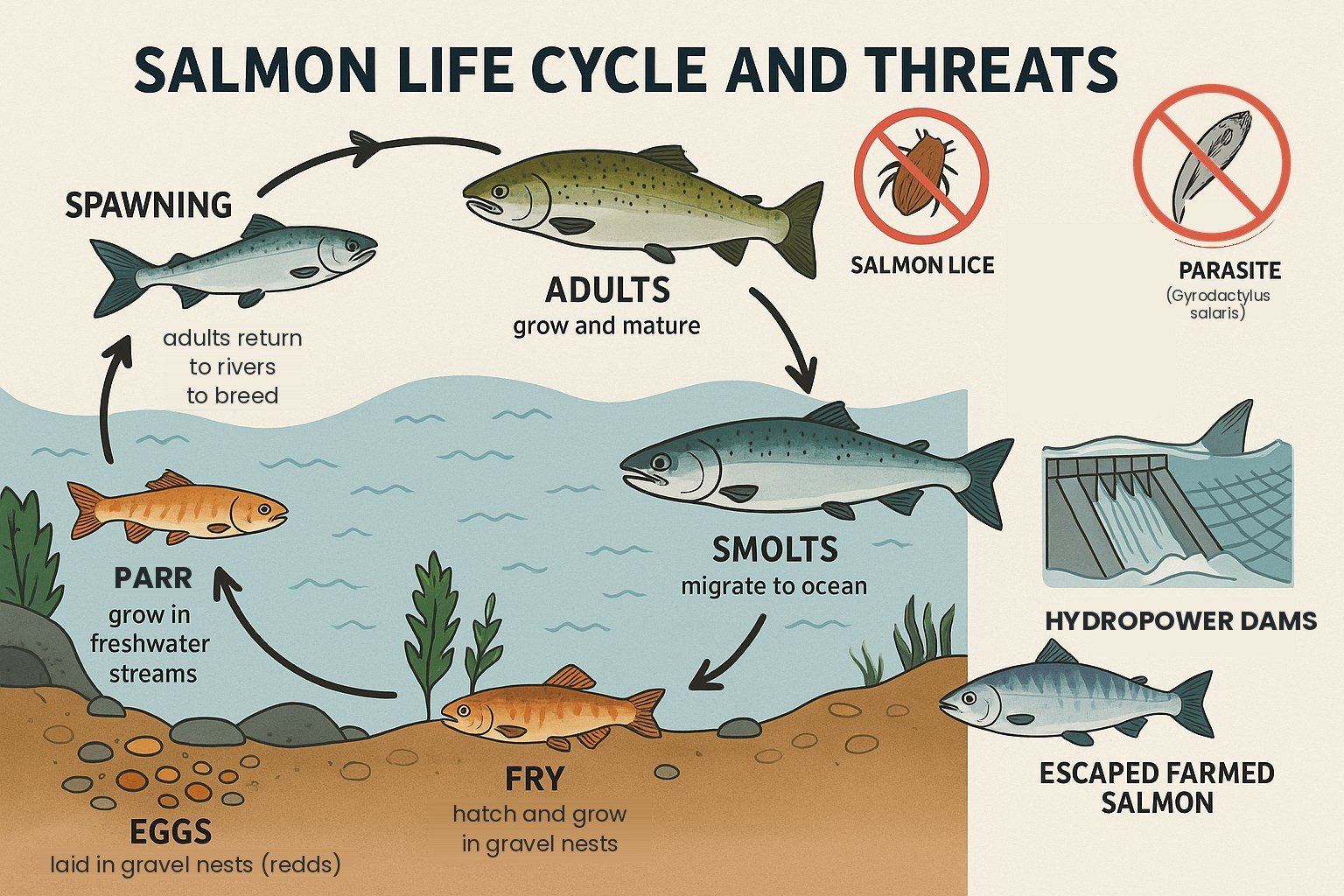 Diagram of the salmon life cycle: eggs in gravel nests, fry, parr in streams, smolts that go to sea, adults, and spawning in the river. On the right, four threats: salmon lice, the parasite Gyrodactylus salaris, hydropower dams and escaped farmed salmon.