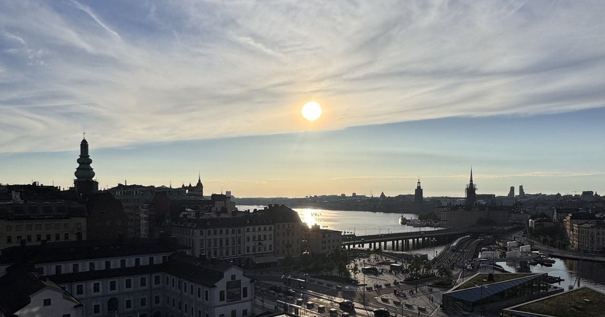 Gamla stan skyline and the water at sunset, seen from above Slussen in Stockholm
