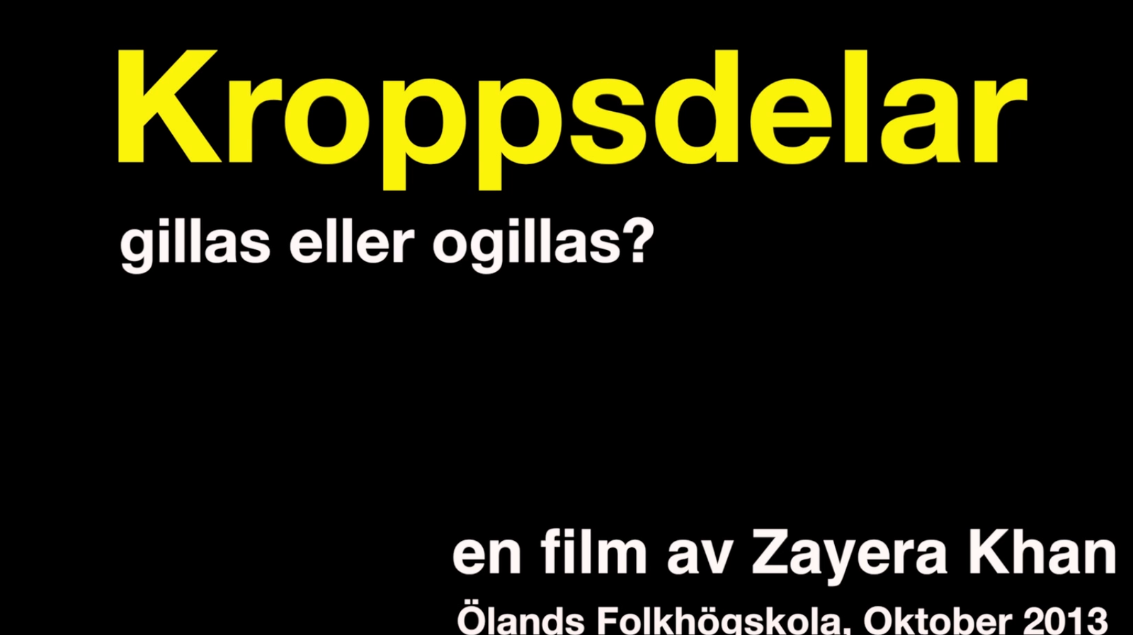 Title card for the documentary Body Parts: Liked or Disliked? (Kroppsdelar – gillas eller ogillas?). Photo: Zayera Khan.