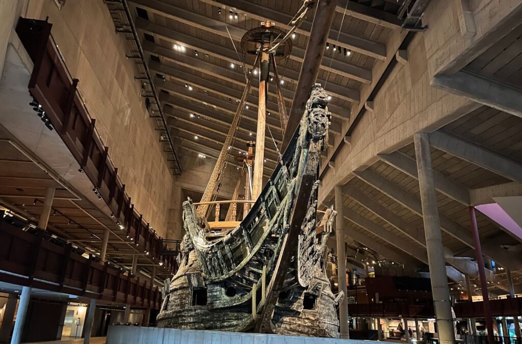 The preserved 17th-century warship Vasa displayed inside the Vasa Museum in Stockholm.