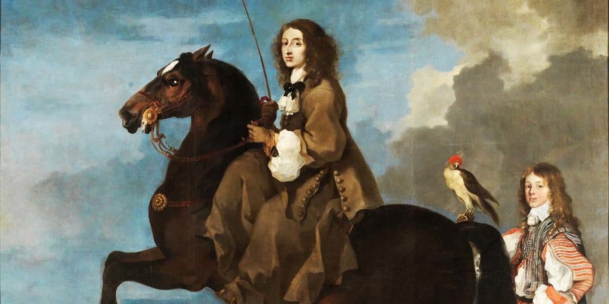 Painting of Queen Kristina of Sweden riding a rearing brown horse, in a brown riding coat with a white collar. A falcon and a young page stand beside her.