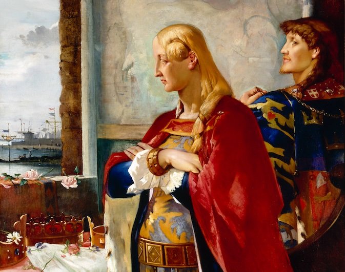 Painting by Agnes Slott-Møller of Queen Margareta I with three crowns on a table, and the young Erik of Pomerania standing behind her.