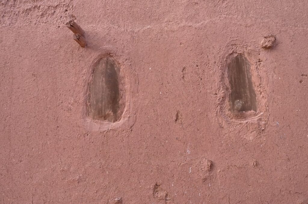 Red mud wall with two old wooden pegs in Abyaneh