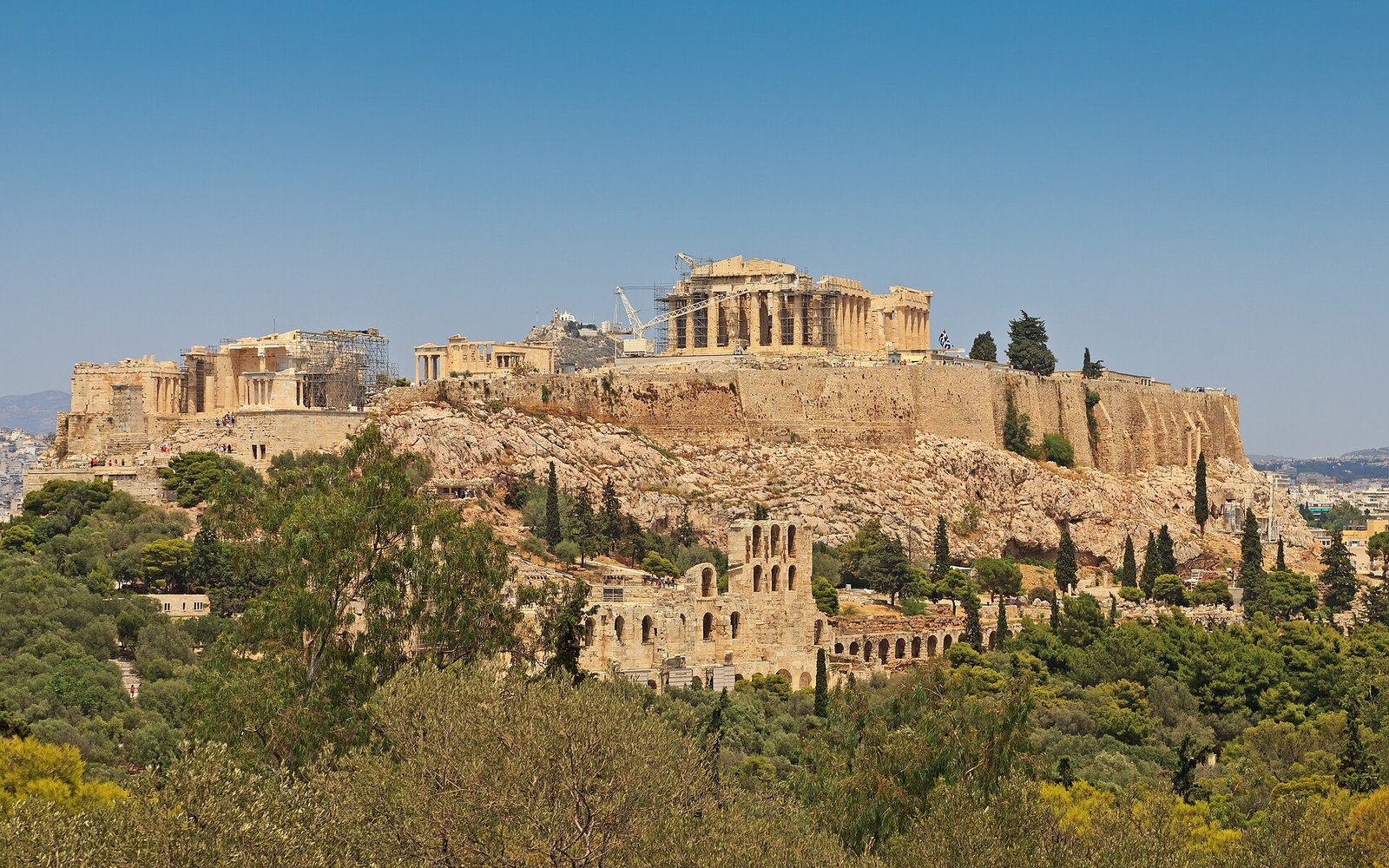 The Acropolis and the Parthenon on their rocky hill above Athens, seen from Philopappos Hill