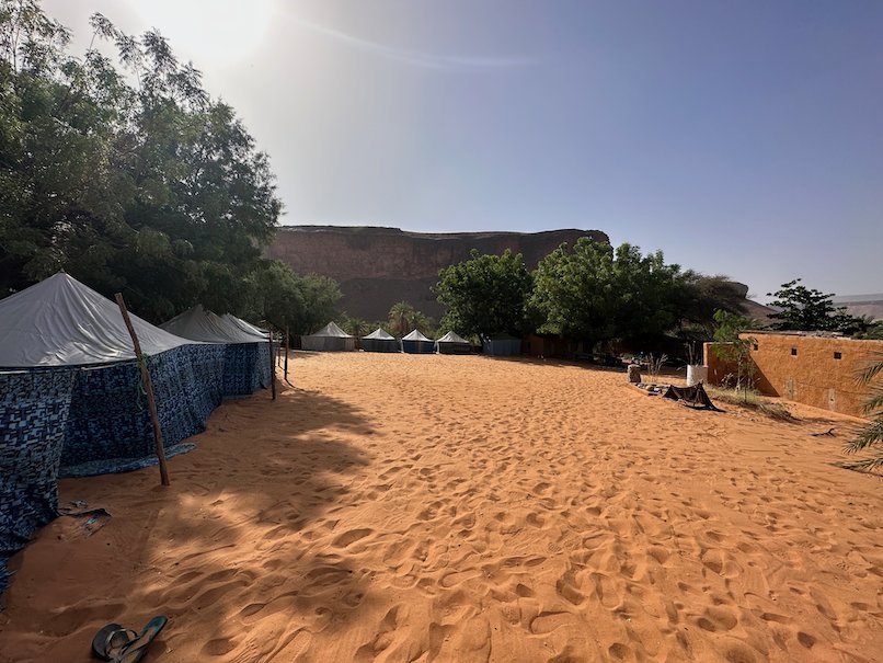 Tents stand in a row on orange sand under green trees.