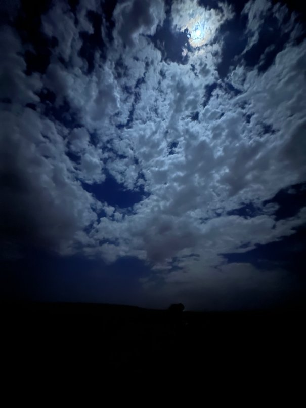 The moon shines through many clouds over the dark desert in Mauritania.