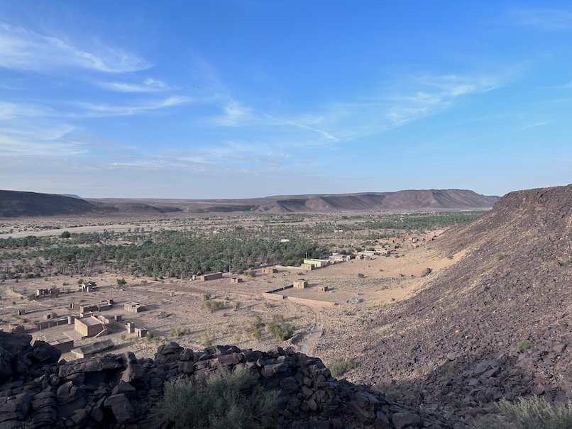 A green palm oasis fills a wide valley between flat mountains in the Adrar region.