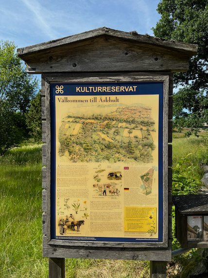Information board Kulturreservat, Välkommen till Askhult, with a drawing of the village