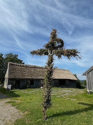 Midsummer pole with dry leaves in front of a long thatched farmhouse at Askhult