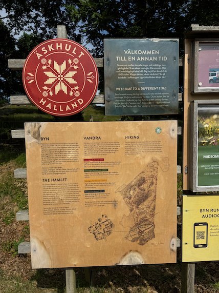 Welcome signs at Askhult culture reserve in Halland, with a map of the old village