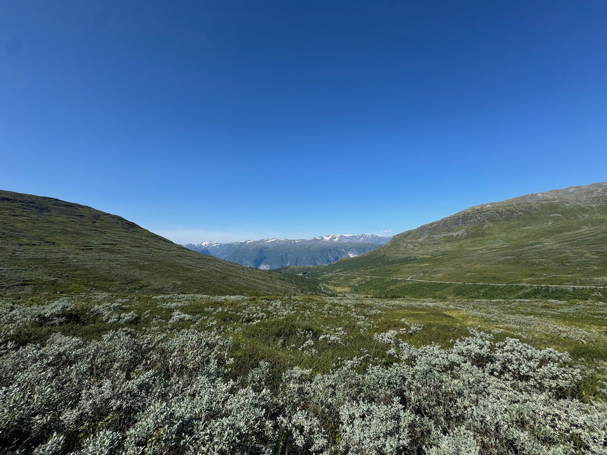 Green mountain valley with a glimpse of the fjord far away, on Aurlandsfjellet