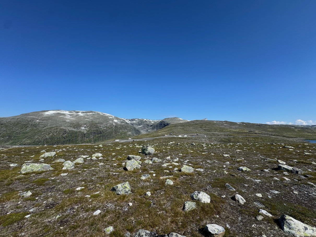 Rocky mountain plateau with low plants and snowy peaks under a blue sky