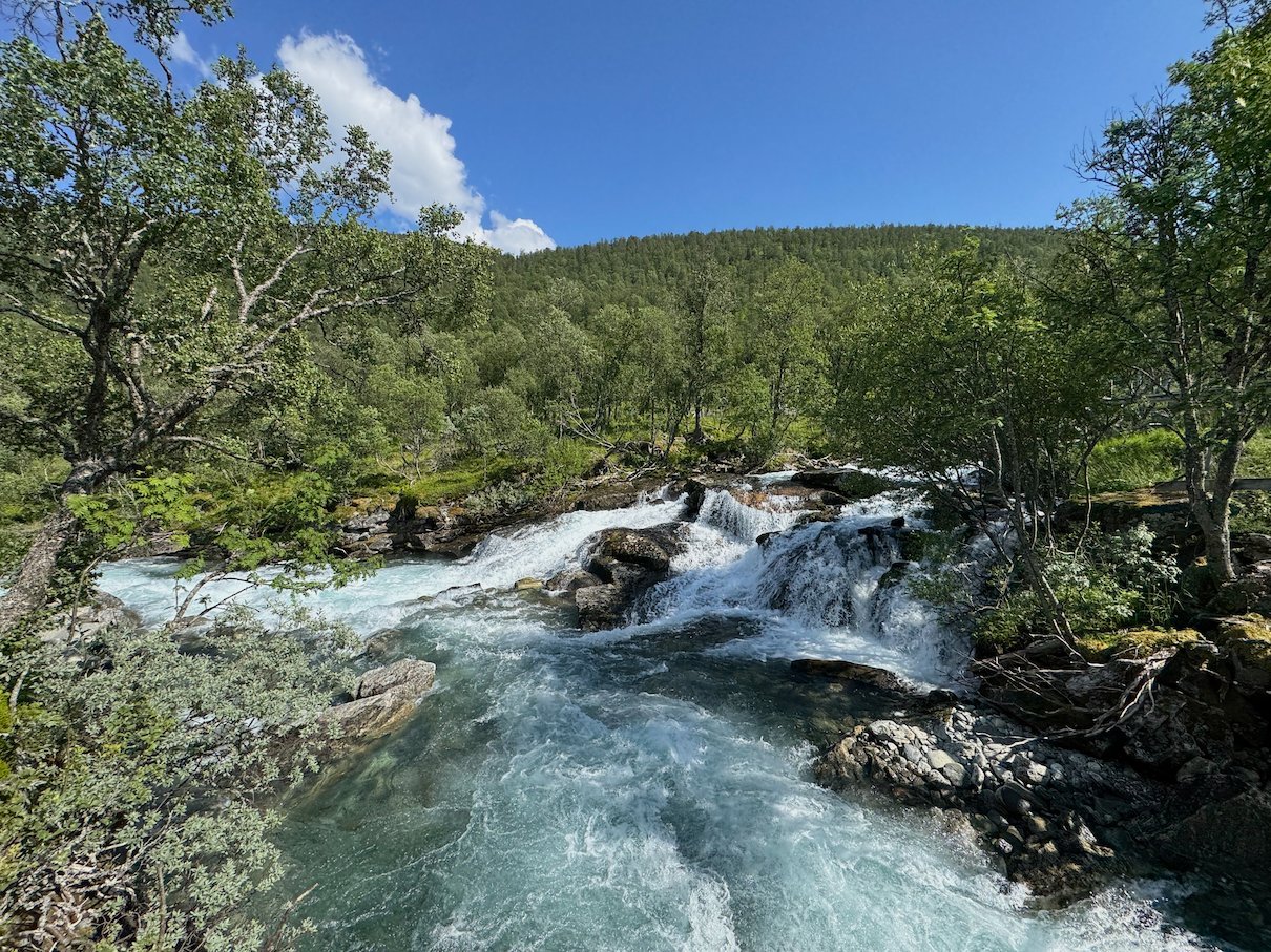 Waterfall in a river between birch trees under a blue sky