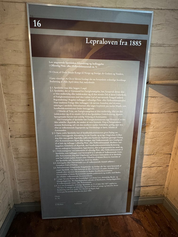 Exhibition panel Lepraloven fra 1885, about the Norwegian leprosy law of 1885, in the Leprosy Museum in Bergen