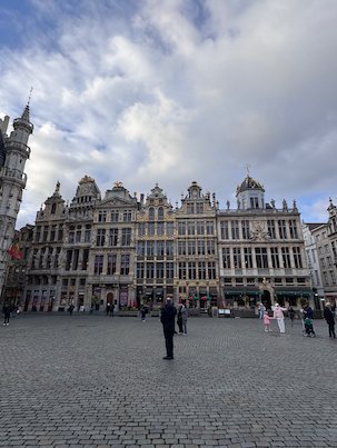 Ornate guildhalls line the Grand-Place under a cloudy sky in Brussels.