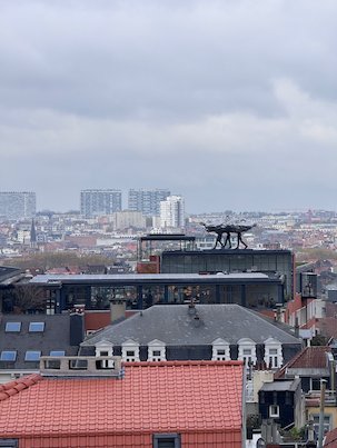 Red roofs and houses of the Marolles lie below a cloudy sky in Brussels.