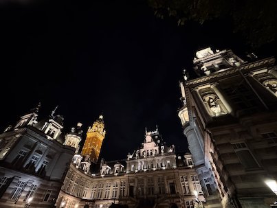 An ornate building with a lit tower stands against the night sky in Brussels.