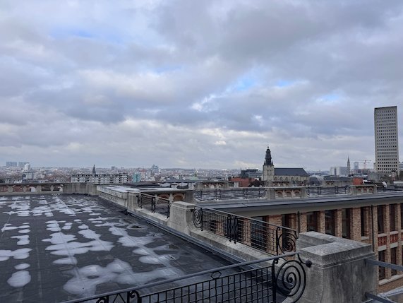 A view over flat roofs and a church tower stretches across Brussels.