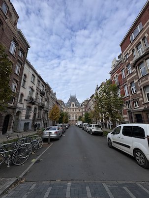 A residential street with old townhouses and parked cars leads to a grand building in Saint-Gilles, Brussels.
