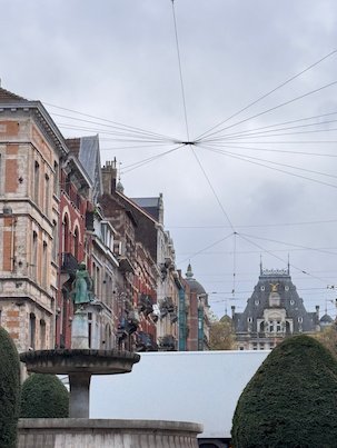 A small fountain stands on a street with old houses and a town hall in Brussels.