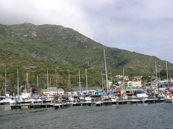 Sailing boats lie in a marina below green hills on the coast near Cape Town.
