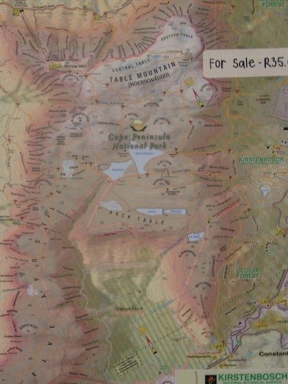 A printed map shows Table Mountain and the Cape Peninsula National Park in Cape Town.