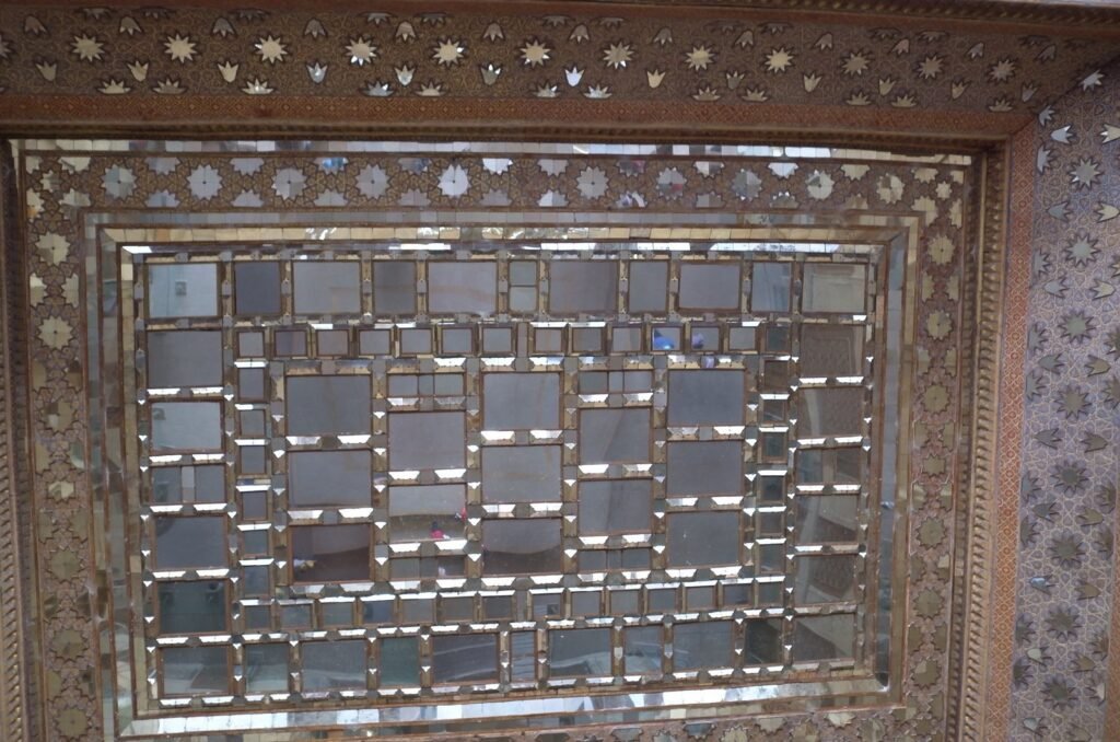 Ceiling with mirror and wood work at Chehel Sotoun Palace