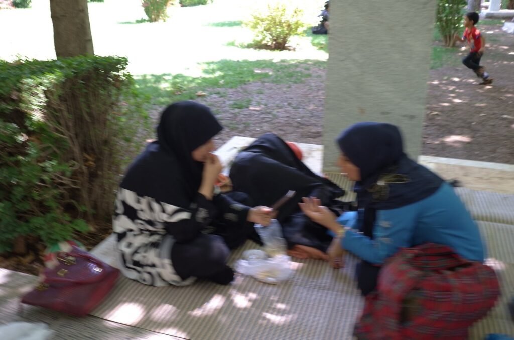 Women who share a picnic in the shade in the Chehel Sotoun garden