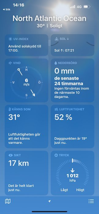 A phone weather app shows sunny weather on the North Atlantic coast.