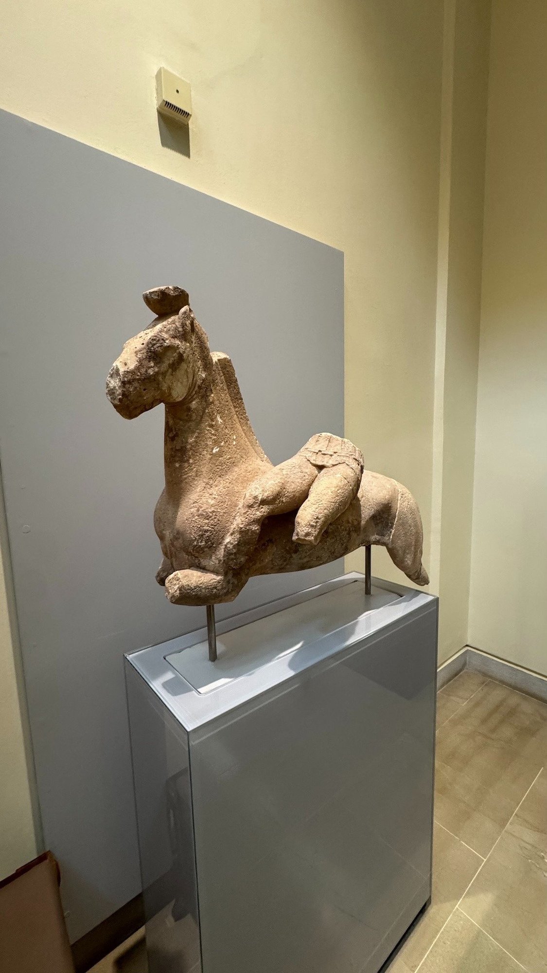 Ancient sculpture of a horse on a stand in the Delphi Archaeological Museum