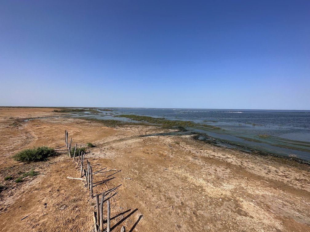 A dirt path with a wooden fence runs along the lake in Djoudj.