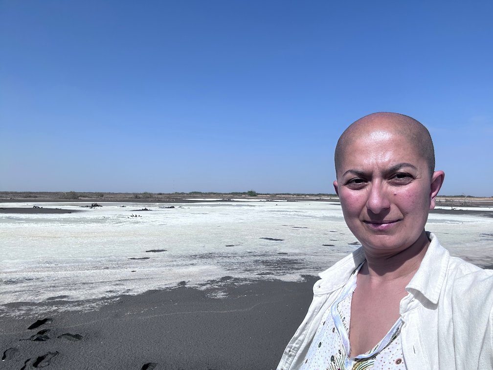 Zayera Khan takes a selfie on a salt flat in Djoudj National Bird Park.