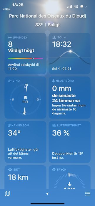 A phone weather app shows a high UV index in Djoudj.