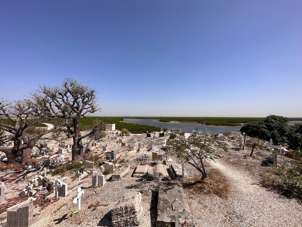 A baobab tree stands among graves with the lagoon behind in Fadiouth.