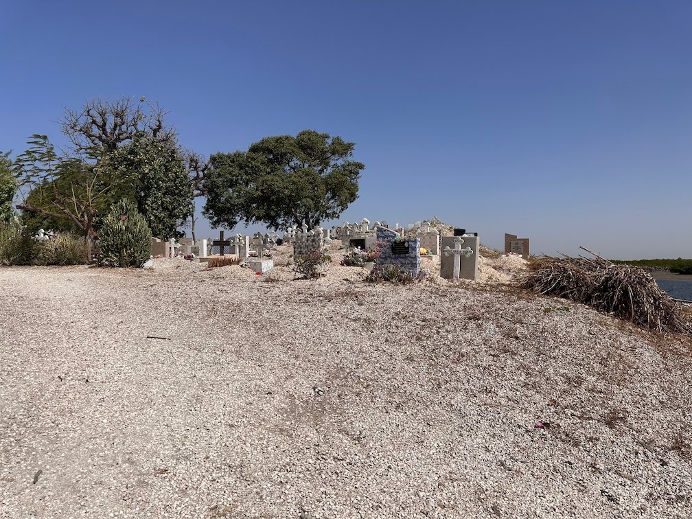 Trees and white graves stand on the shell ground in Fadiouth.