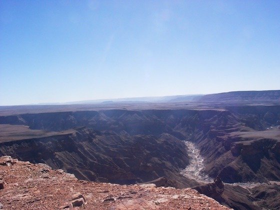 A view from the rim shows the dry river bed far down in Fish River Canyon, Namibia.