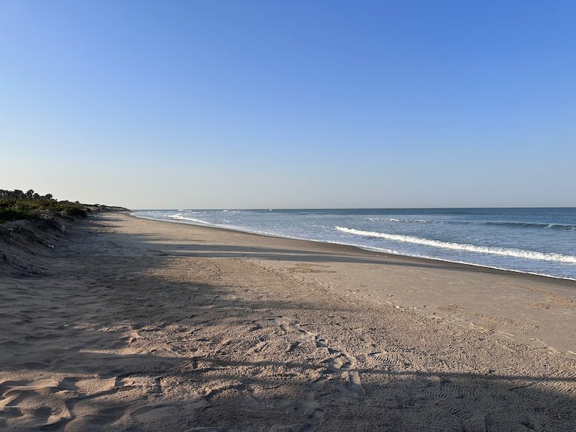 A long empty beach with soft waves stretches along the south coast of The Gambia.