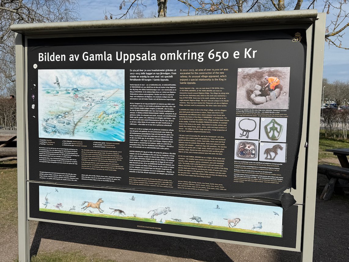 Information board with a drawing of Gamla Uppsala around 650 AD, with mounds, halls and finds