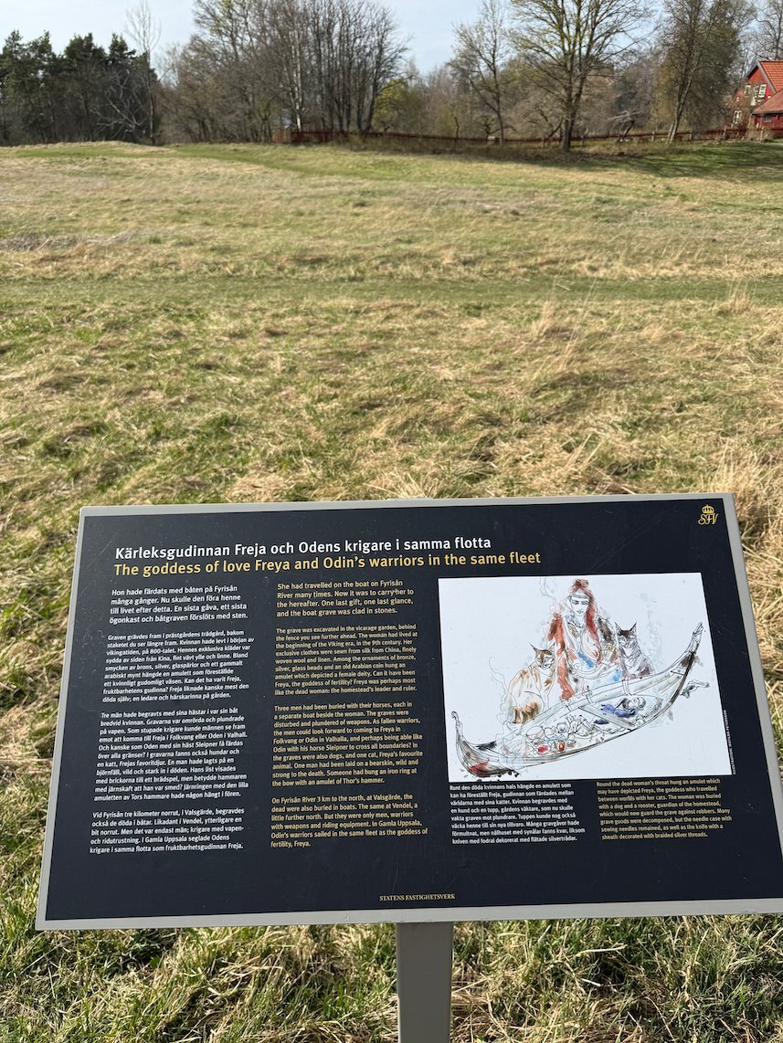 Information sign about the goddess Freya and the warriors of Odin, in a field at Gamla Uppsala