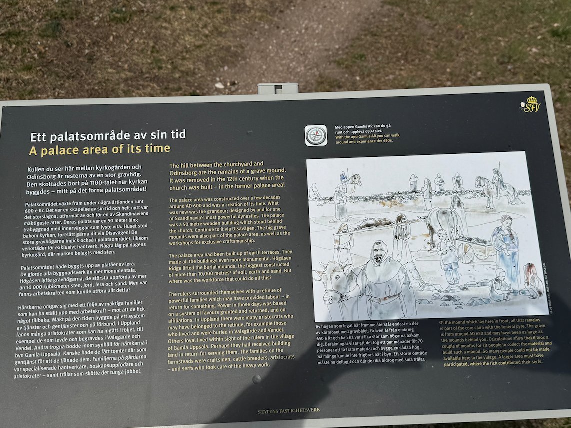 Information sign A palace area of its time, with a drawing of a royal hall at Gamla Uppsala