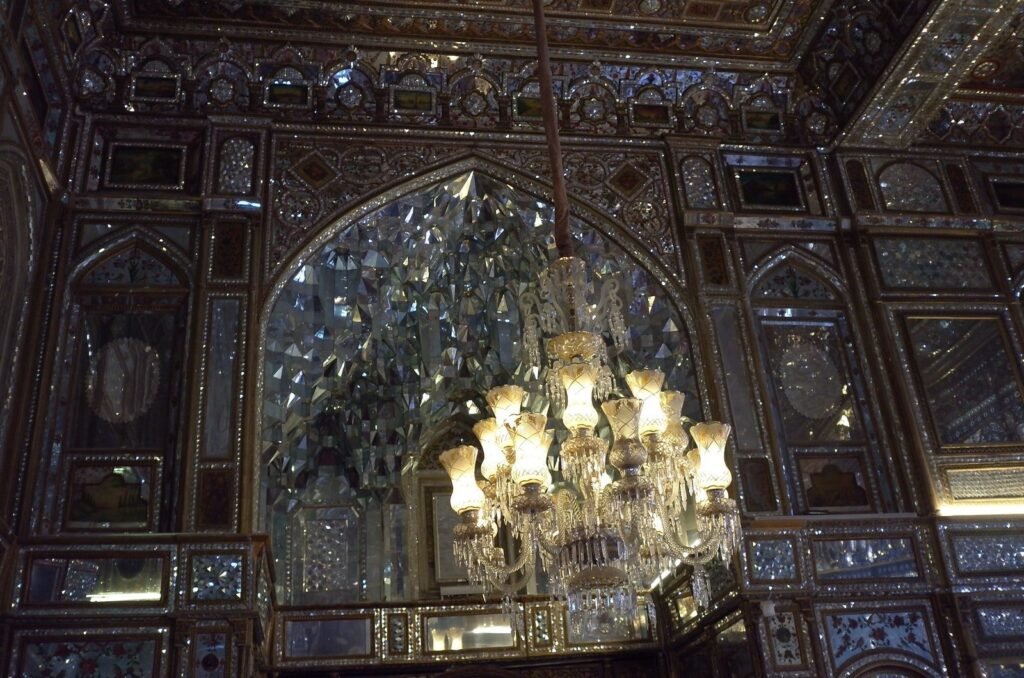 Room with mirror mosaic and a crystal chandelier at Golestan Palace