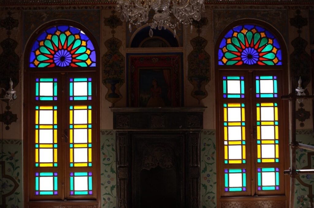 Colored stained glass windows in a room at Golestan Palace