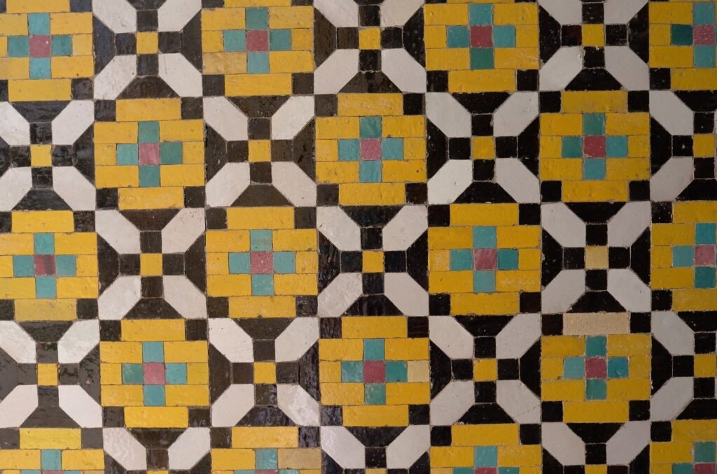 Yellow, white and blue tile pattern at Golestan Palace
