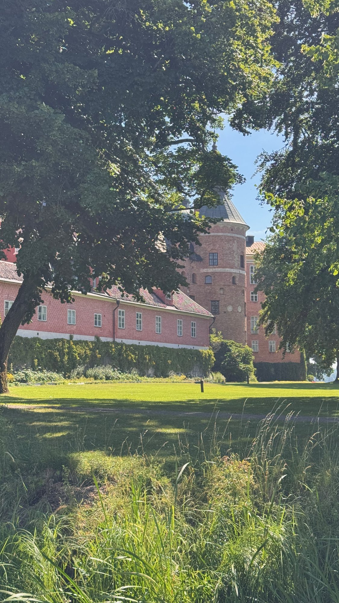Gripsholm Castle in Mariefred, seen from the park between green trees