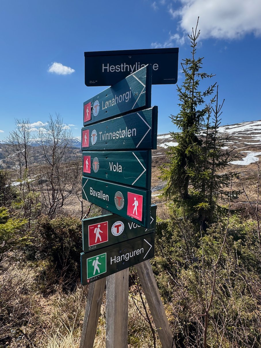 Signpost with directions to Hesthyllene and Vola on the mountain above Voss