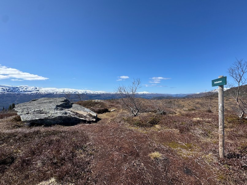 Mountain plateau with a large rock and a trail post at Hanguren, with snowy mountains far away