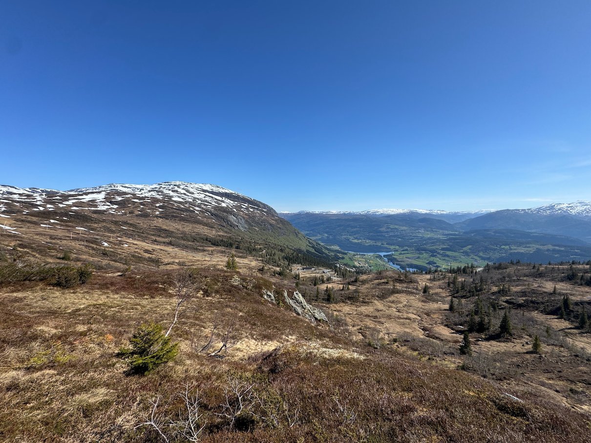 Wide view over the mountain plateau and the valley near Hanguren under a blue sky