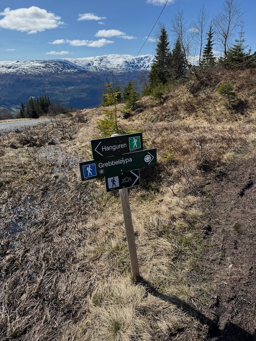 Trail signposts to Hanguren and Grebbeløypa on the mountain, with snowy peaks behind