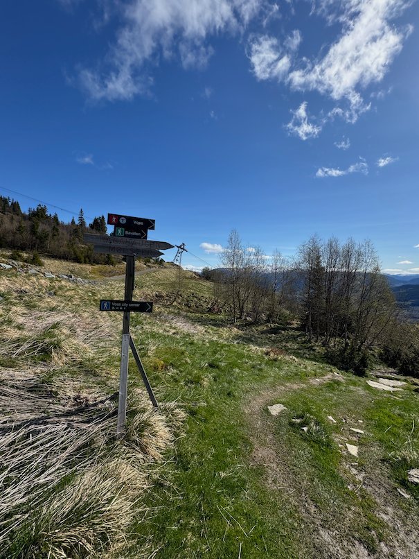 Trail signs on a green slope with a path and a view over the valley near Hanguren