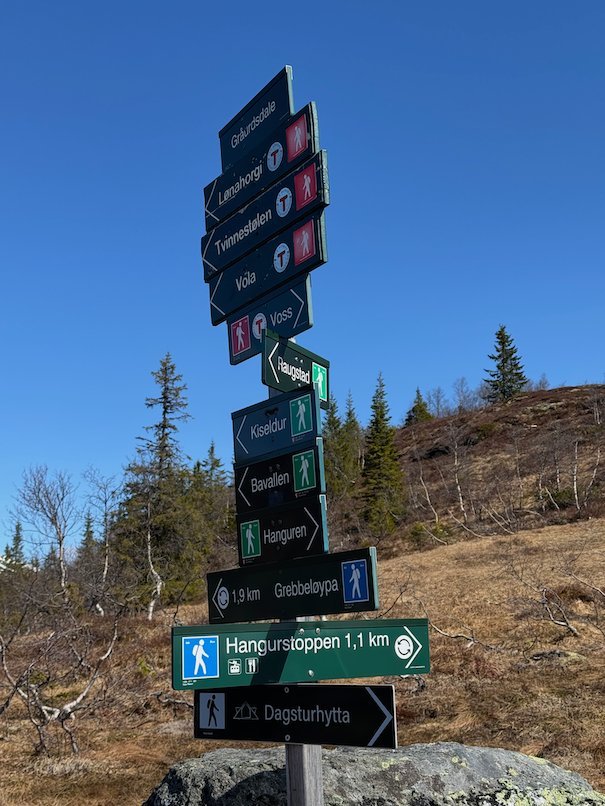 Tall signpost with directions to Hangurstoppen 1.1 km, Dagsturhytta and other trails